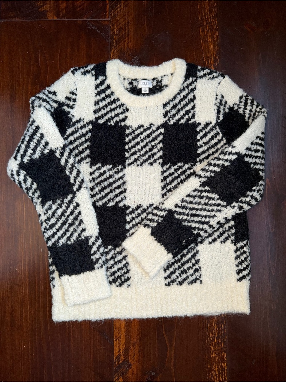 J. Crew Black and Cream Bouclé Check Crewneck Sweater